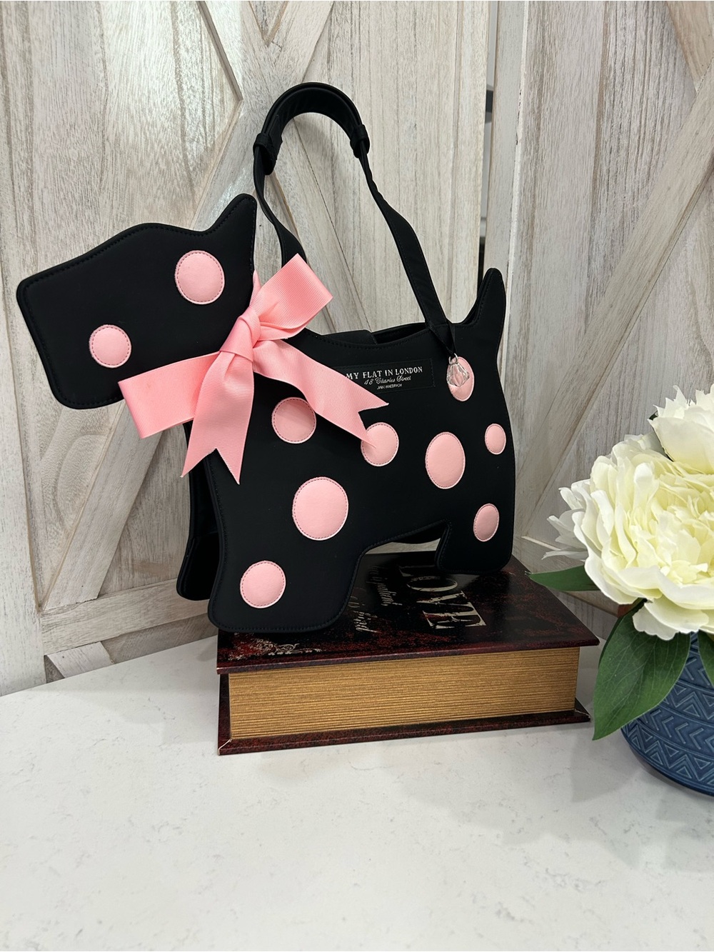 My Flat in London Black Scottie Dog Bag with Pink Polka Dots- Vintage-Rare